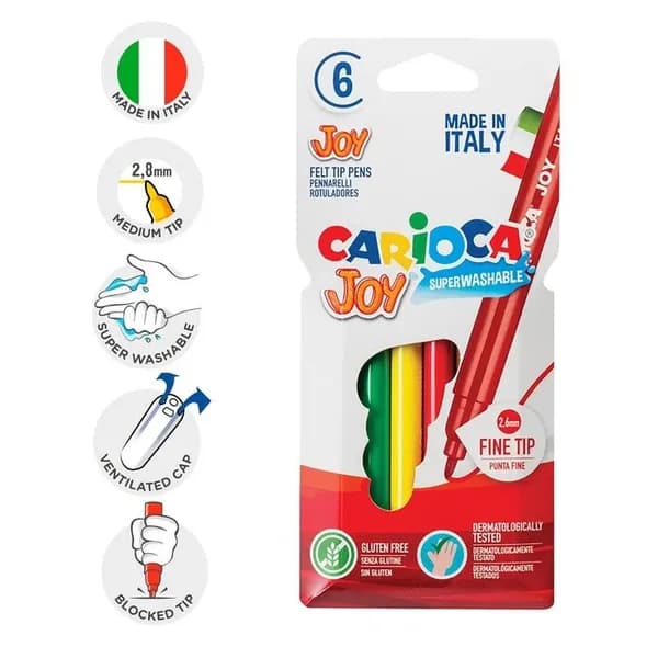 Фломастеры Carioca "Joy", 6 цветов, супер смываемые, вентилируемый колпачок (40549)