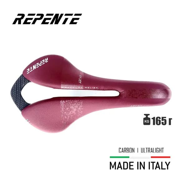 Велосипедное седло selle Repente Artax GLM Red (Italia), 275х142 мм, вес 165 г. - суперлегкое спортивное карбоновое, для горного и дорожного велосипеда, для мужчин и женщин, цвет малиновый