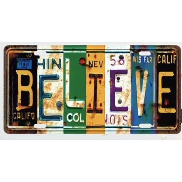 Табличка Номерной Знак "BELIEVE (Из Деталей Номерных Знаков Штатов США)", ретро стиль, металл, декор для мотивационного пространства, 20 30 см.
