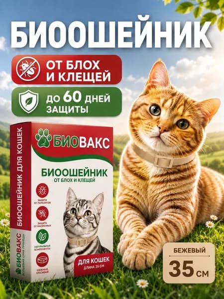 БиоВакс Ошейник для кошек от блох и клещей 35см, бежевый