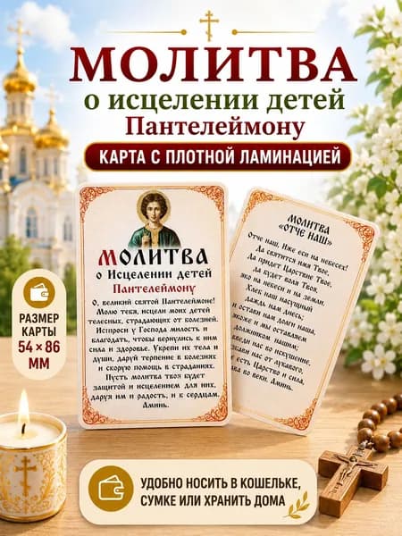 Двусторонняя ламинированная карточка Молитва об исцелении детей Пантелеймону Целителю и Отче Наш, православная иконка, 86х54 мм