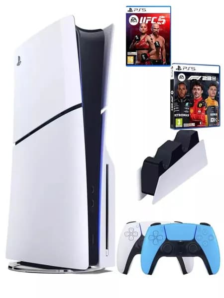 PS5 (ПС5) Игровая приставка Sony PlayStation 5 Slim + 2-й геймпад(голубой) + зарядное + игра UFC 5 + Формула 1, 1000 Gb