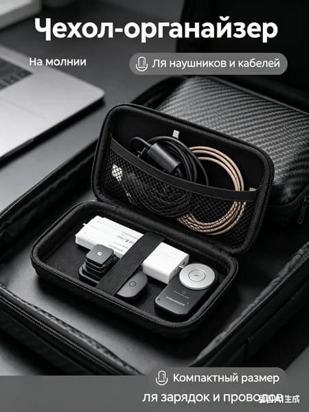Чехол, кейс на молнии для проводных и беспроводных наушников, зарядки, проводов, кабелей и аксессуаров чёрный