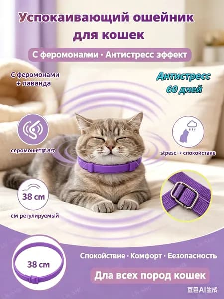 Успокаивающий ошейник для кошек с феромонами 38 см, регулируемый, помогает от стресса и агрессии дома и в поездках