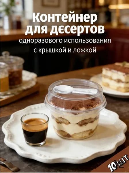 Десертный стаканчик с крышкой и ложкой, одноразовый, прозрачный, 10 шт.