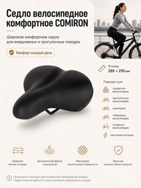 Седло велосипедное взрослое комфортное COMIRON широкое 250х210 мм., на пружинах,чёрное