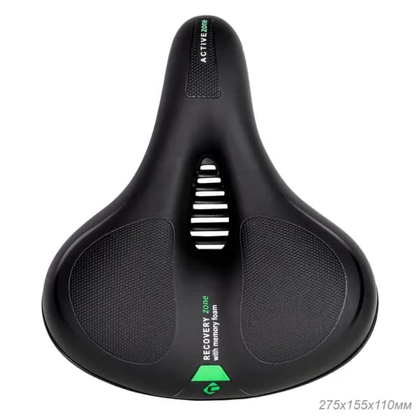 Седло велосипедное комфортное COMIRON TOKYO C012 265x220, технологии: ED, MEMORY FOAM, полиуретан с пресс. принтом, чёрный, зелёный