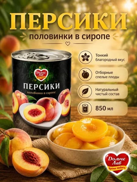 Персики консервированные в сиропе половинками, 850 мл., Дольче Лав