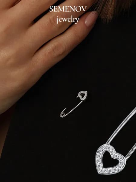 Серебряная булавка сердечко с фианитами, SEMENOV jewelry