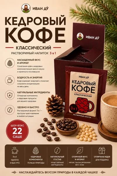 Растворимый напиток Кедровый кофе, классический, 3в1, 22 пакета по 10г.