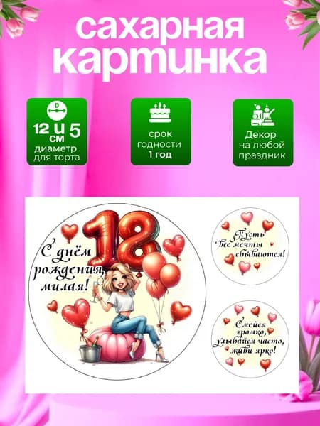 Украшение для кондитерских изделий. Сахарная картинка на 18 лет девушке