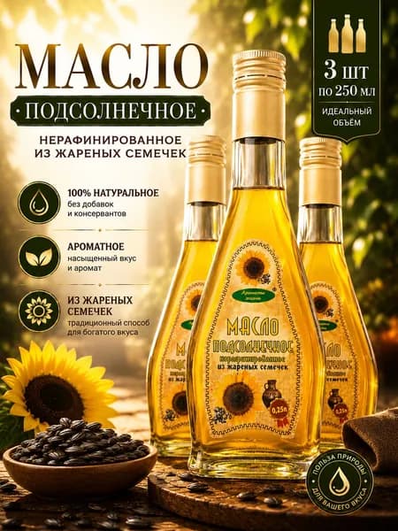 Масло растительное подсолнечное нерафинированное холодного отжима, "Ароматы жизни", 3шт по 250 мл