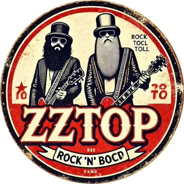 Табличка "ZZ Top", ретро рок стиль, металл, декор для музыкальной комнаты и бара, 20х20 см.