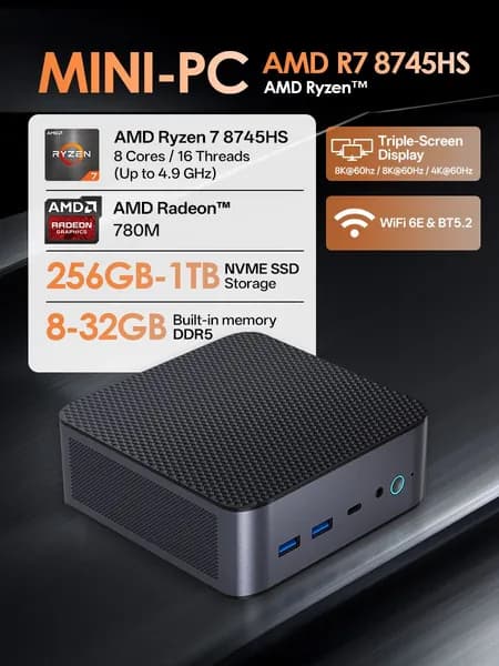 Мини-ПК AMD Ryzen 7 8745HS (AMD Ryzen 7 8745HS, RAM 8 ГБ, SSD 512 ГБ, AMD Radeon, Windows 11 Pro), черный