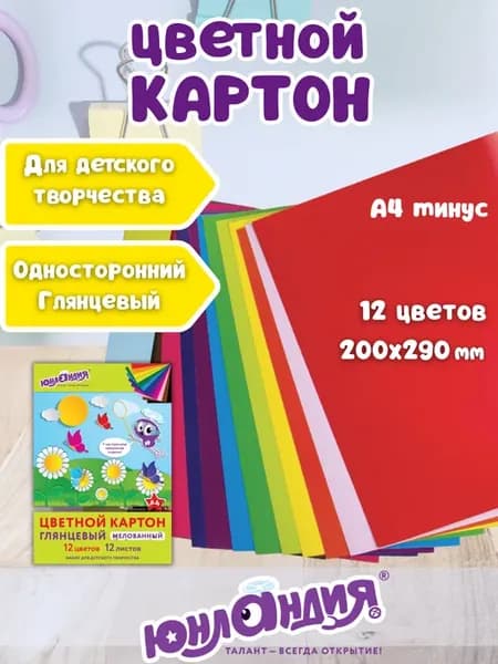 Цветной картон для школы односторонний глянцевый А4,12цветов