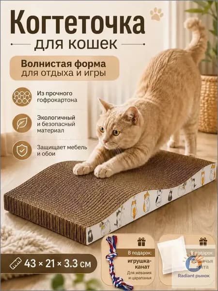 Когтеточка для кошек картонная большая просторная домик-лежанка с напольным ковриком, не сыпется, прочная, д