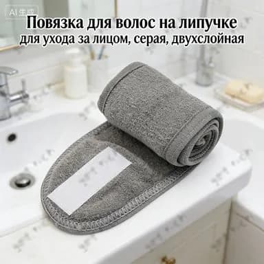 Повязка для волос на липучке для умывания и нанесения масок, серая, (двухслойная), для салонов красоты и дома