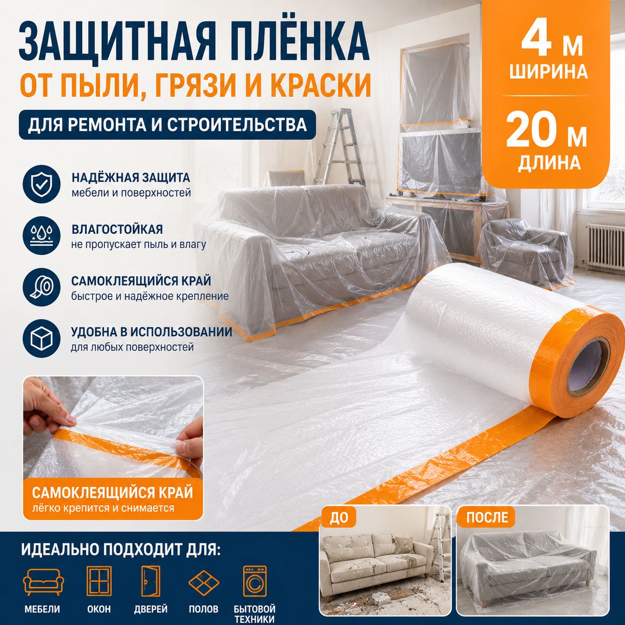 Защитная плёнка от пыли 4*20 м / Укрывной материал для мебели при ремонте