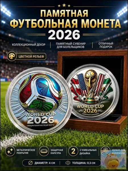 Сувенирная монета ЧМ 2026 по футболу, памятный жетон Кубок мира в капсуле, коллекционная медаль 4 см, настольный сувенир для болельщиков