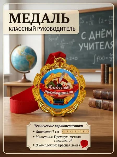 Медаль подарочная КЛАССНЫЙ РУКОВОДИТЕЛЬ" , сувенирная, 7 см, цвет золото/металл