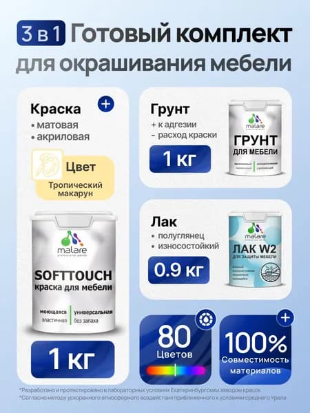 Комплект Malare SoftTouch для окрашивания мебели (1кг грунт + 1 кг краска + 0.9кг лак), акриловый, без запаха, быстросохнущий, полуглянцевый, цвет тропический макарун