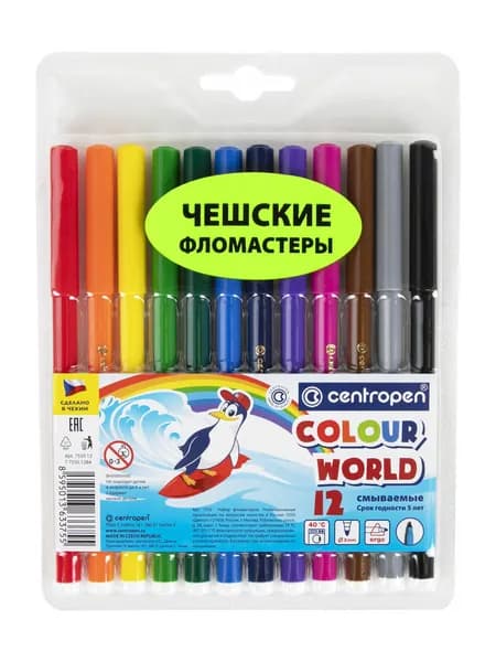 Фломастеры смываемые для детей, 12 цветов, "Пингвины", Centropen