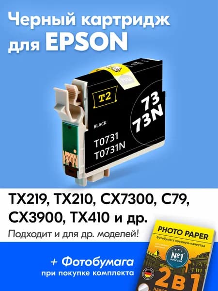 Картридж для Epson T0731, Epson Stylus TX219, TX210 CX7300 CX3900, TX410 с чернилами (с краской) для струйного принтера, Черный (Black), увеличенный объем, заправляемый