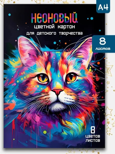 Цветной картон неоновый 8 цветов (8 листов) А4 в папке с клапанами