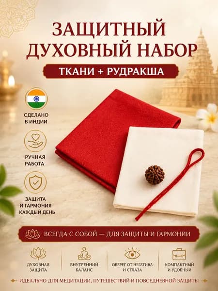 Духовный защитный набор в сумку: Рудракша на нити + красная и белая ткань, талисман оберег, Индия