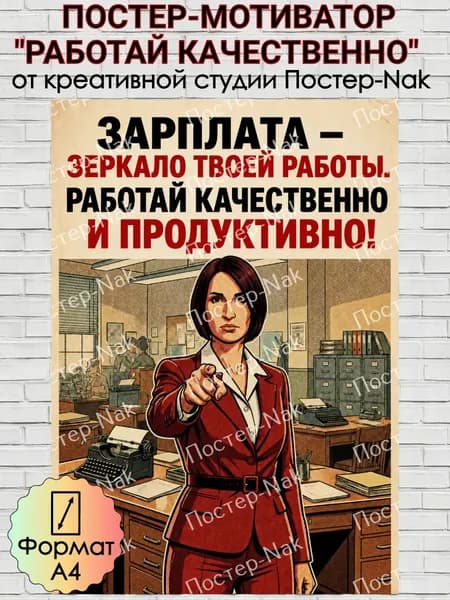 Мотивационный постер "РАБОТАЙ КАЧЕСТВЕННО" на плотной глянцевой фотобумаге. Формат А4