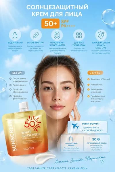 Cолнцезащитный крем для тела SADOER / Крем от загара SPF 50 / Мини версия / Дорожный спф 50