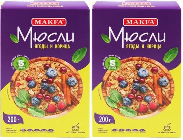 Мюсли Makfa 5 злаков ягоды-корица, комплект: 2 упаковки по 200 г
