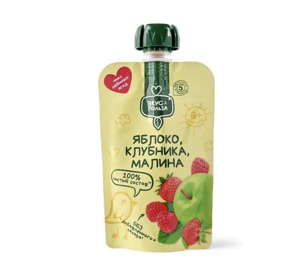 Пюре ВКУС & ПОЛЬЗА из яблок, клубники и малины, гомогенизированное, стерилизованное , 90 г * 3 шт.