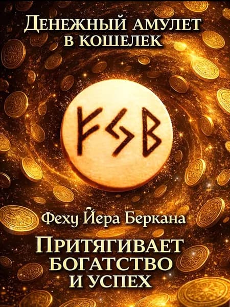 Руническая монета в кошелек, амулет руны Феху Йера Беркана - рунический став на прибыль и рост, талисман на деньги оберег от потерь,денежный рост