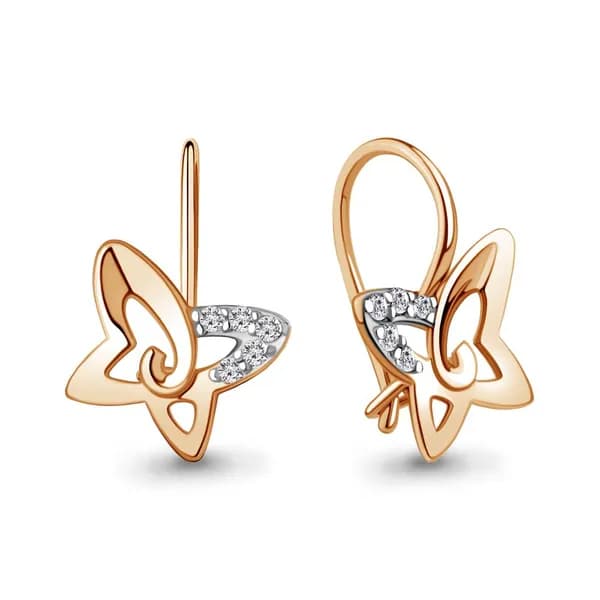 Серьги детские из красного золота 375 пробы с фианитами / бабочка / 15*11 мм