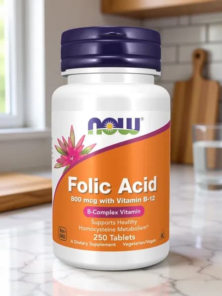 NOW Folic Acid 800 mcg, фолиевая кислота с В12, 250 таблеток массой 140 мг