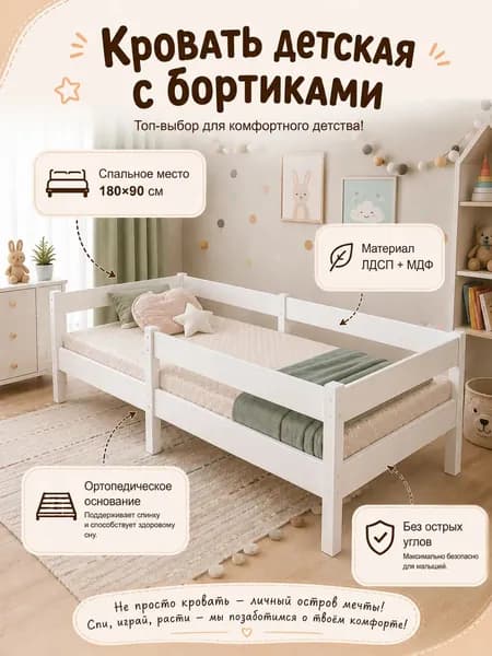 Кровать детская односпальная 180х90 см, ортопедическое основание, защитный бортик