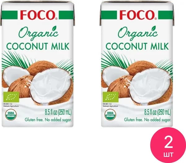 Кокосовое молоко FOCO / Фоко Organic растительное, жирность 12%, 250мл / продукты питания, напитки (комплект из 2 шт)