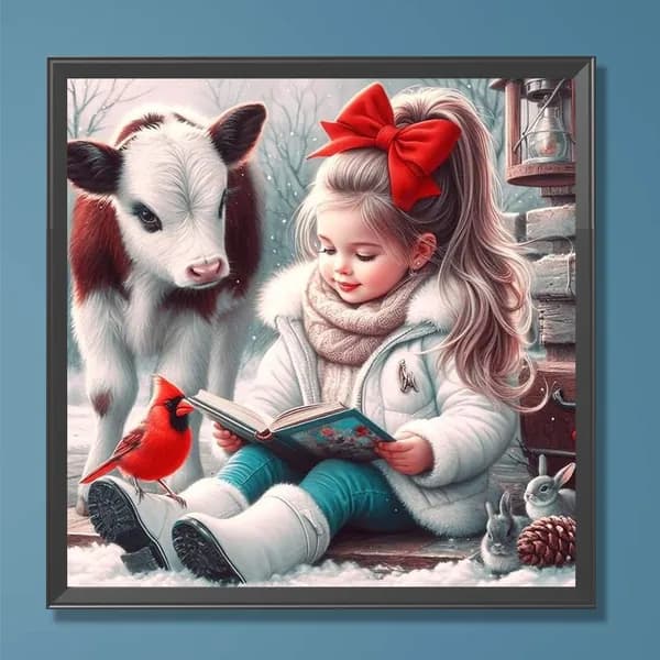 Диамантная картина Девочка с книгой и коровой 30 30 см, 5D, из смолы