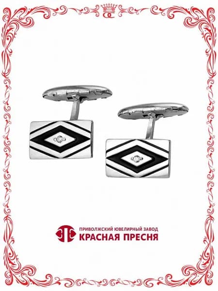 Мужские серебряные прямоугольные запонки с круглыми бесцветными фианитами и узором ромб под рубашку, пиджак, костюм Б9386614