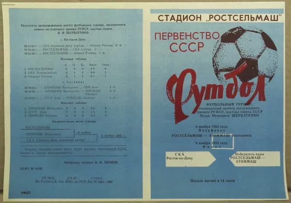 Винтажная программка Первенство СССР ФУТБОЛЬНЫЙ ТУРНИР, посвященный памяти П.П. Щербатенко полуфинал -финал 1983 г стадион "Ростсельмаш"