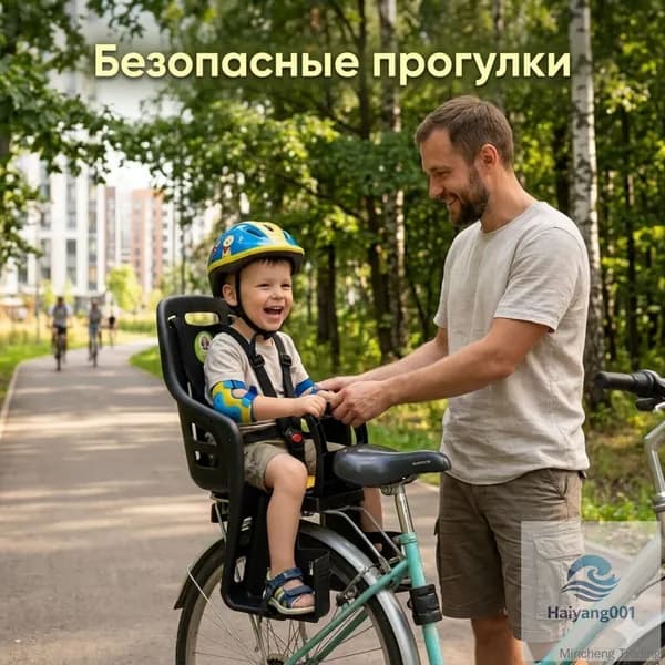 Детское велокресло на задний багажник с пятиточечным ремнем безопасности, поручнем и защитой ног.