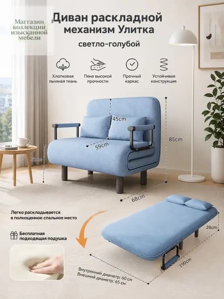 Диван раскладной, механизм Улитка, 65х68х85 см,голубой, светло-синий