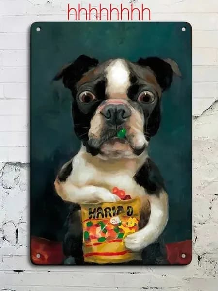Алюминиумная настенная картина с игривым бостон-терьером и сумкой Haribo 20 х 30