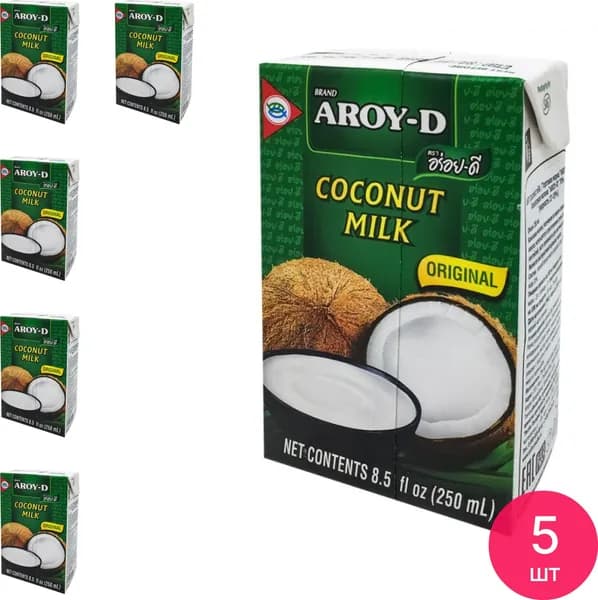 Кокосовое молоко AROY-D / Арой-Ди растительное, жирность 17-19%, 250мл / продукты питания, напитки (комплект из 5 шт)