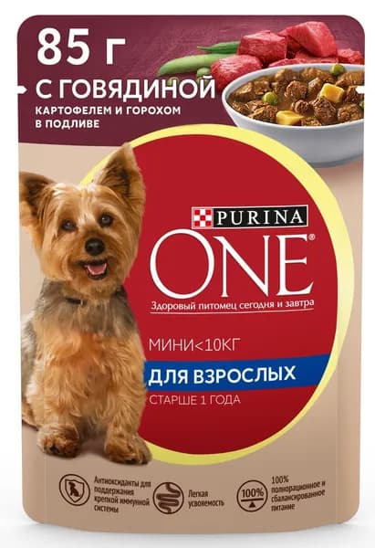 Влажный корм для собак Purina ONE Adult для мелких и карликовых пород, в подливе с говядиной, картофелем и горохом, 85 г