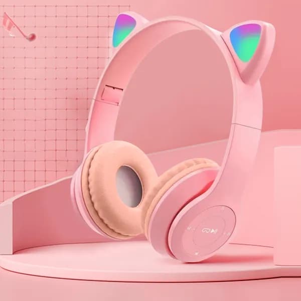 Bluetooth-наушники с кошачьими ушами розового цвета, стереозвук, подсветка, до 8 ч работы