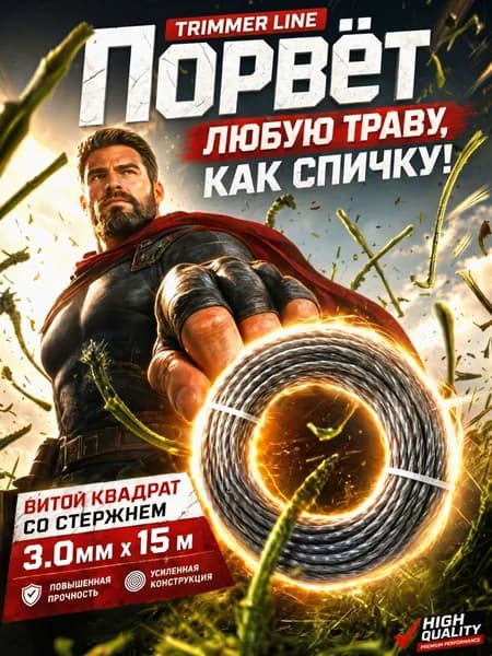 Леска для триммера 3 мм 15 м усиленная квадрат витой с жилой