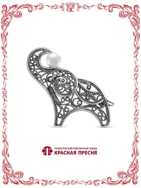 Серебро брошь слон с жемчугом оксидирование Б1339370