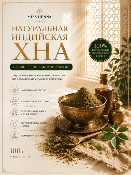 Хна для волос натуральная Miss Henna, краска для волос растительная, 100% натуральная, без аммиака, очень мелкий помол, окрашивание и уход